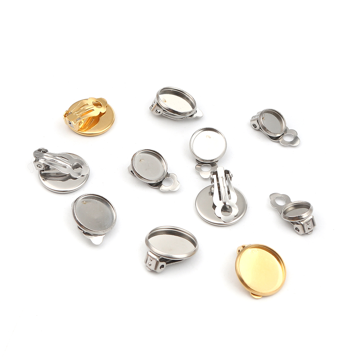 Picture of 304 Stainless Steel Non Piercing Clip-on Earrings Round Silver Tone Cabochon Settings (Fits 8mm Dia.) 18mm x 10mm, 10 PCs