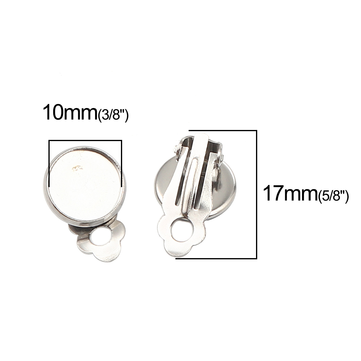 Picture of 304 Stainless Steel Non Piercing Clip-on Earrings Round Silver Tone Cabochon Settings (Fits 10mm Dia.) 17mm x 12mm, 10 PCs