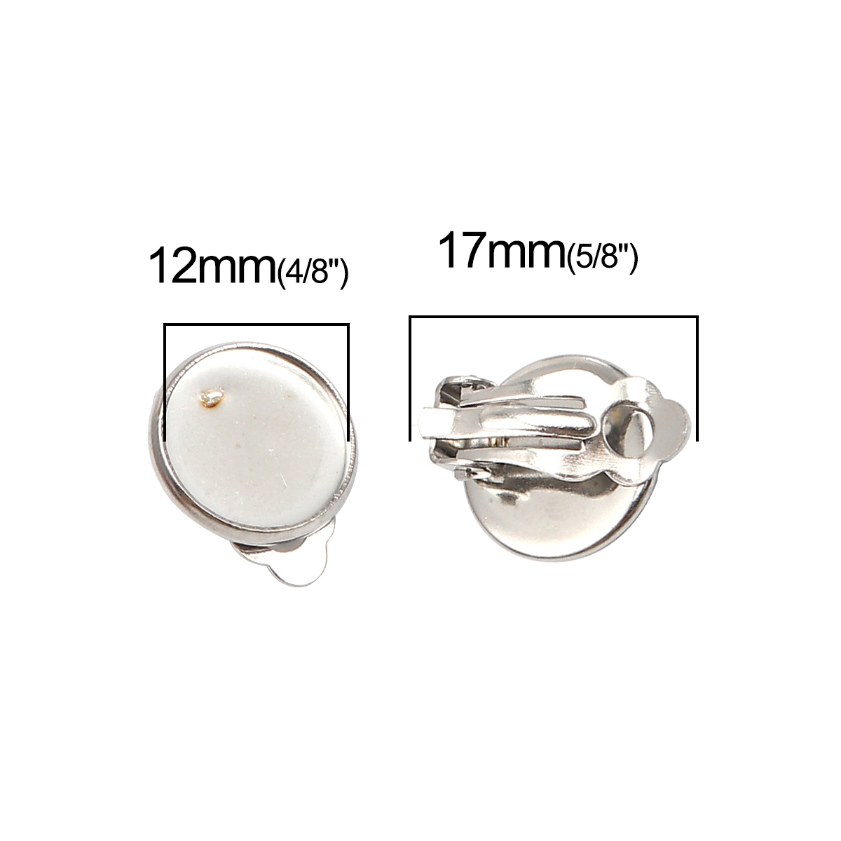 Picture of 304 Stainless Steel Non Piercing Clip-on Earrings Round Silver Tone Cabochon Settings (Fits 12mm Dia.) 17mm x 14mm, 10 PCs