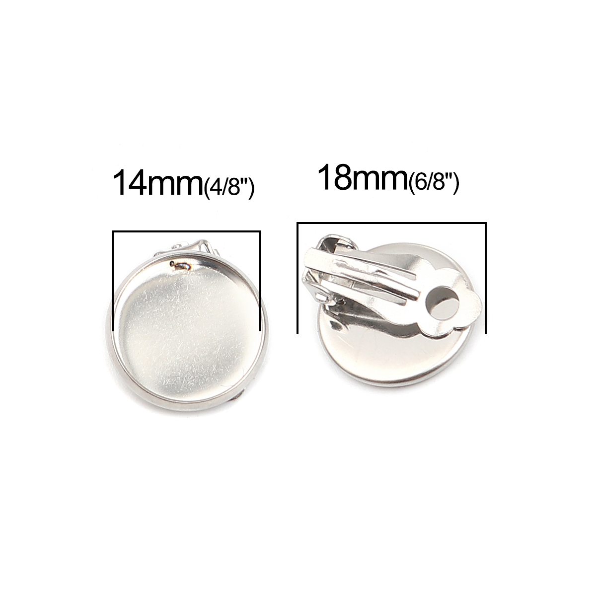 Picture of 304 Stainless Steel Non Piercing Clip-on Earrings Round Silver Tone Cabochon Settings (Fits 14mm Dia.) 18mm x 16mm, 10 PCs
