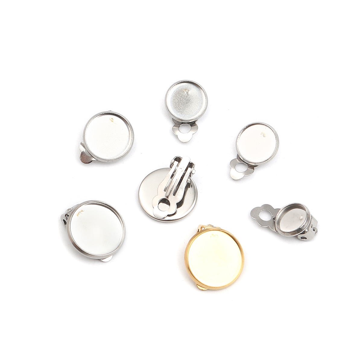Picture of 304 Stainless Steel Non Piercing Clip-on Earrings Round Silver Tone Cabochon Settings (Fits 14mm Dia.) 18mm x 16mm, 10 PCs