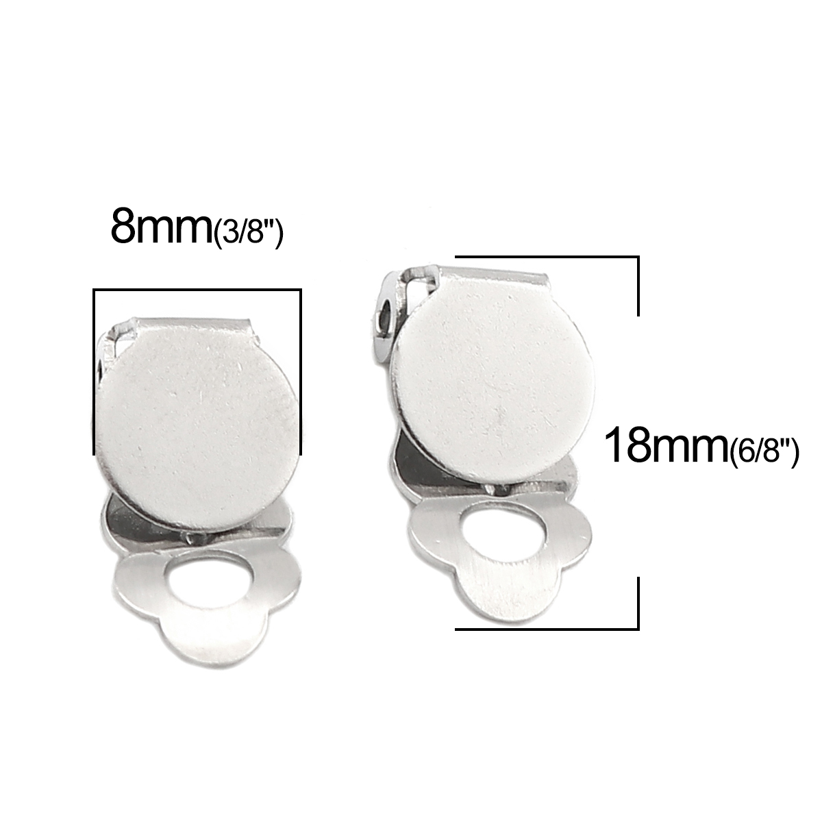Picture of Stainless Steel Ear Clips Earrings Round Silver Tone Cabochon Settings (Fits 8mm Dia.) 18mm x 8mm, 10 PCs