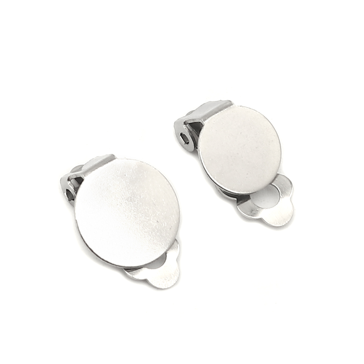 Picture of 304 Stainless Steel Non Piercing Clip-on Earrings Round Silver Tone Glue On (Fits 10mm Dia.) 18mm x 10mm, 10 PCs