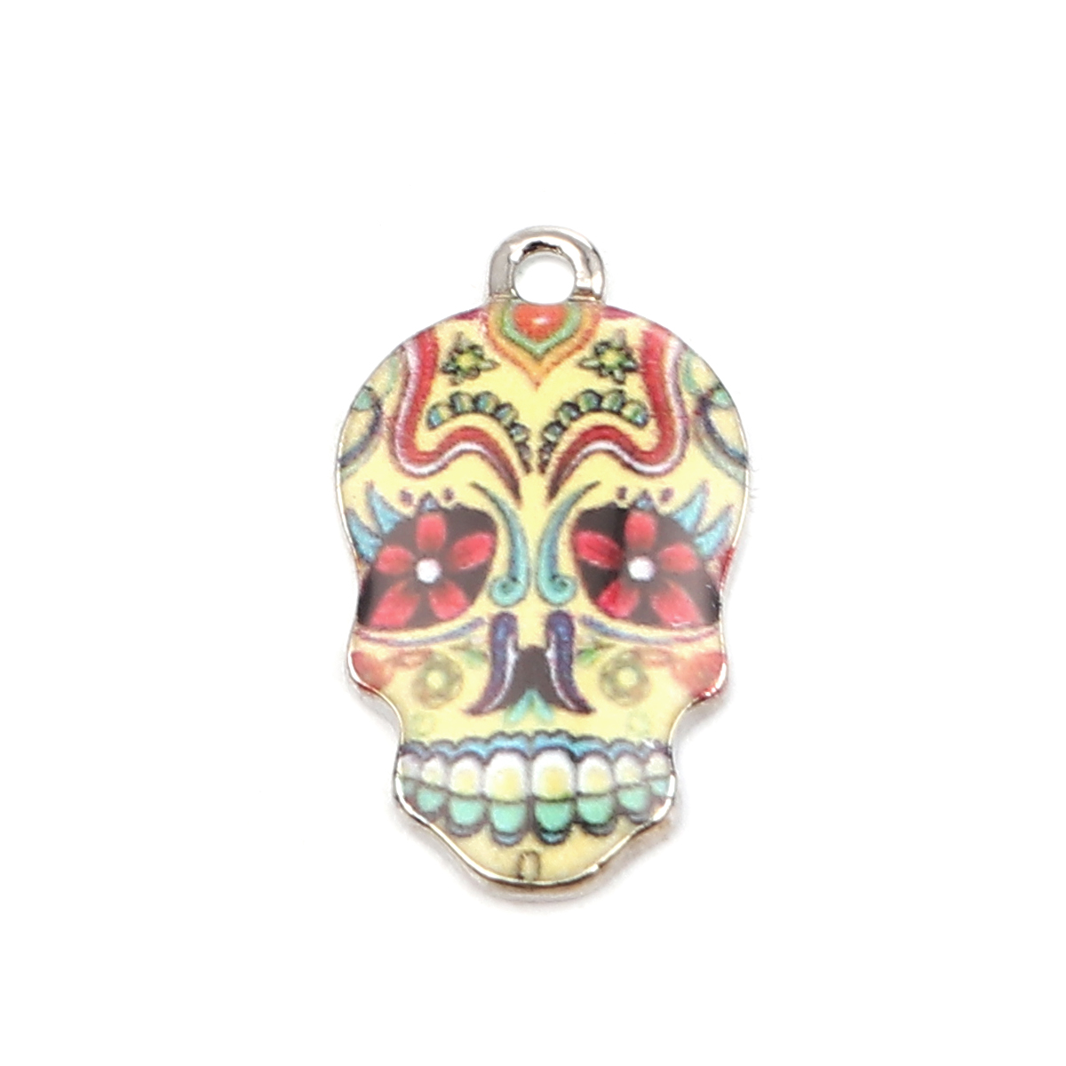 Picture of Zinc Based Alloy Halloween Charms Skull Silver Tone Multicolor Enamel 22mm x 13mm, 10 PCs