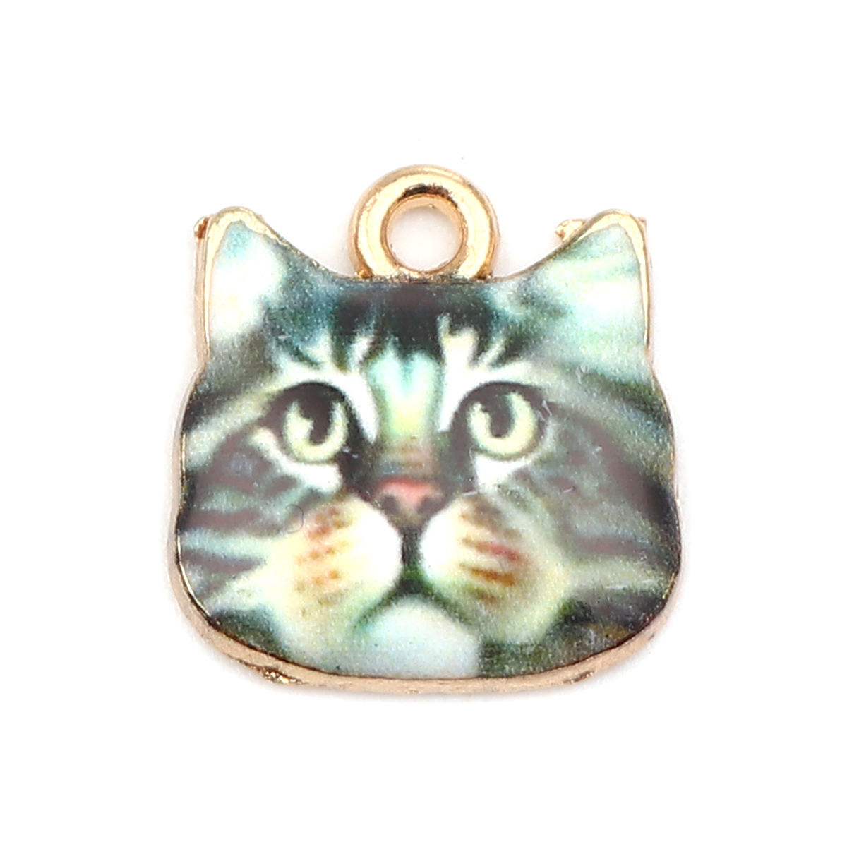 Picture of Zinc Based Alloy Charms Cat Animal Gold Plated Dark Green Enamel 13mm x 13mm, 10 PCs
