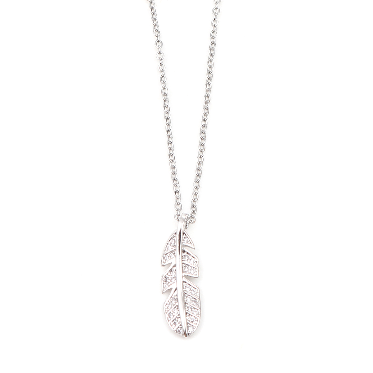 Picture of 304 Stainless Steel Necklace Silver Tone Feather Clear Cubic Zirconia 45cm(17 6/8") - 44cm(17 3/8") long, 1 Piece