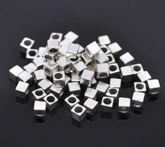 Picture of Zinc Based Alloy Spacer Beads Cube Antique Silver Color Color Plated About 4mm x 4mm, Hole: Approx 2.6mm, 200 PCs