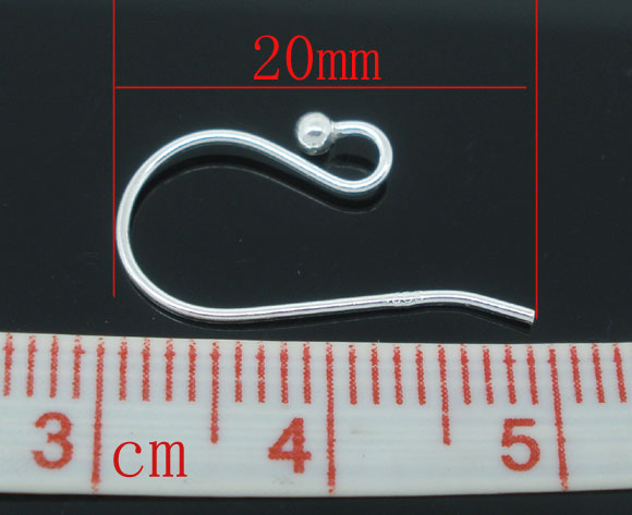 Picture of Sterling Silver Ear Wire Hooks Earring Findings Silver Ball 20mm x 10mm - 18mm x 9mm, Post/ Wire Size: (21 gauge), 10 PCs