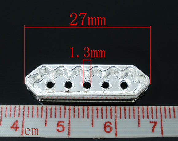 Picture of Zinc Metal Alloy & Rhinestone Spacer Beads Rectangle Silver Plated White Rhinestone Rhinestone About 27mm x 7.5mm, Hole: Approx 1.3mm, 10 PCs
