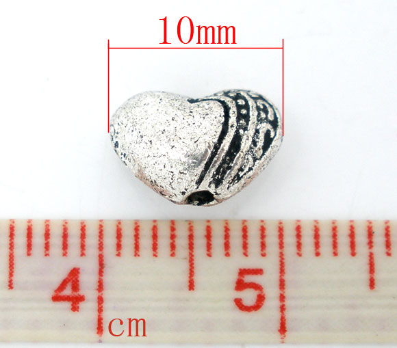 Picture of Zinc Based Alloy Beads Heart Antique Silver Color Carved Pattern Color Plated About 10mm x 7mm, Hole: Approx 1.1mm, 50 PCs