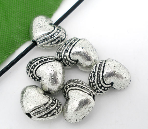 Picture of Zinc Based Alloy Beads Heart Antique Silver Color Carved Pattern Color Plated About 10mm x 7mm, Hole: Approx 1.1mm, 50 PCs