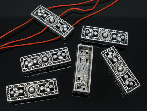 Picture of Zinc Based Alloy Spacer Beads Rectangle Antique Silver Color Filigree Color Plated About 26mm x 9mm, Hole: Approx 1mm, 20 PCs