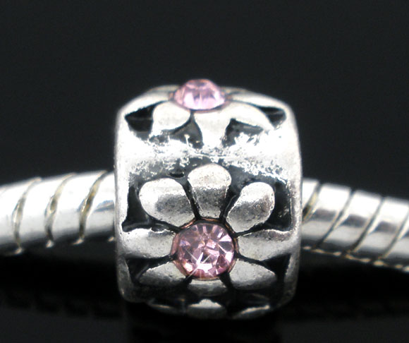 Picture of Zinc Metal Alloy European Style Large Hole Charm Beads Round Antique Silver Color Flower Pattern Pink Rhinestone About 10mm Dia, Hole: Approx 4.5mm, 10 PCs