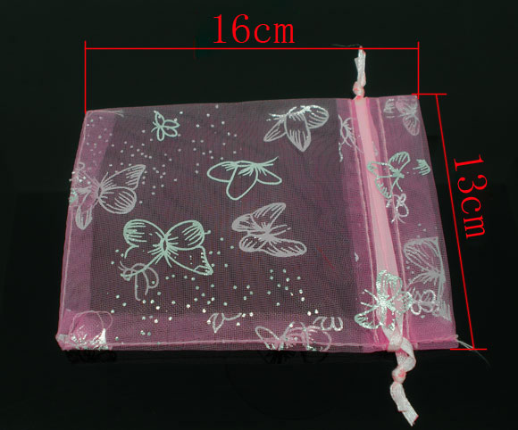 Picture of Wedding Gift Organza Jewelry Bags Drawstring Rectangle Mixed Butterfly Pattern 16cm x13cm(6 2/8" x5 1/8"), 50 PCs