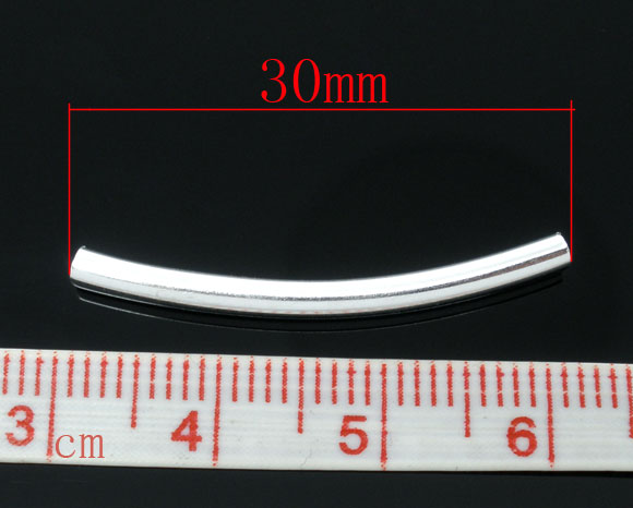 Picture of Copper Spacer Beads Curve Tube Silver Plated About 30mm(1 1/8") x 2.5mm( 1/8"), Hole:Approx 2mm, 100 PCs