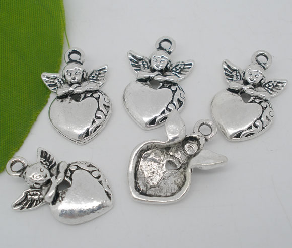 Picture of 20 Antique Silver Angel&Heart Charm Pendants 25x16mm