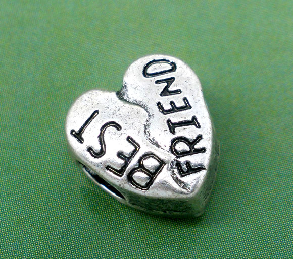 Picture of Zinc Based Alloy Beads Heart Antique Silver Color Word Message Color Plated About 11mm x 10mm, Hole: Approx 4.3mm, 20 PCs
