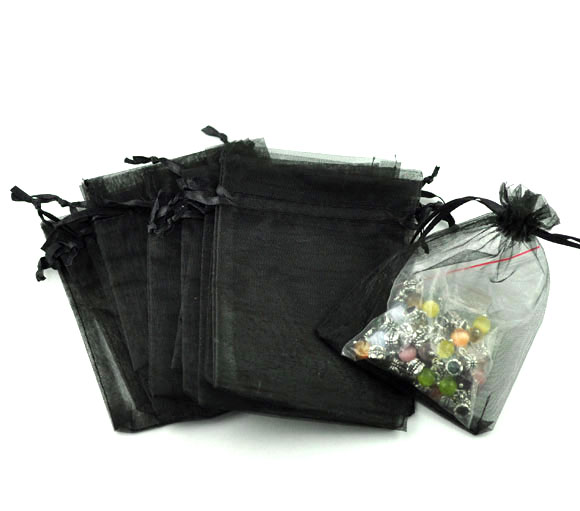 Picture of Wedding Gift Organza Jewelry Bags Drawstring Rectangle Black 12cm x9cm(4 6/8" x3 4/8"), 100 PCs