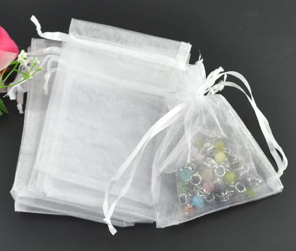 Picture of Wedding Gift Organza Jewelry Bags Drawstring Rectangle White 12cm x9cm(4 6/8" x3 4/8"), 100 PCs