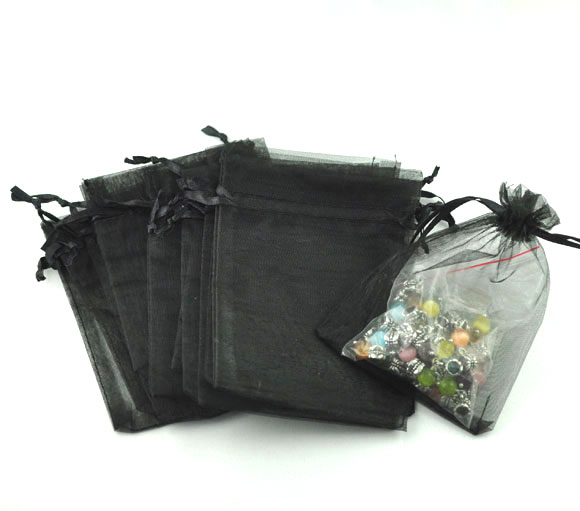 Picture of Wedding Gift Organza Jewelry Bags Drawstring Rectangle Black 9cm x7cm(3 4/8" x2 6/8"), 100 PCs