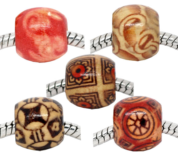 Picture of Wood European Style Large Hole Charm Beads Barrel Mixed Pattern 12x11mm, Hole: Approx 4.8mm, 100 PCs