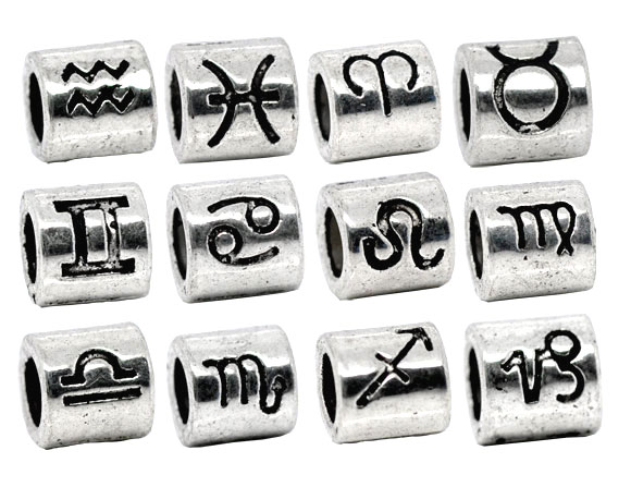 Picture of Zinc Metal Alloy European Style Large Hole Charm Beads Cylinder Antique Silver Zodiac Constellations Symbol Mixed Carved About 7.5mm x 7.5mm, Hole: Approx 4.5mm, 36 PCs