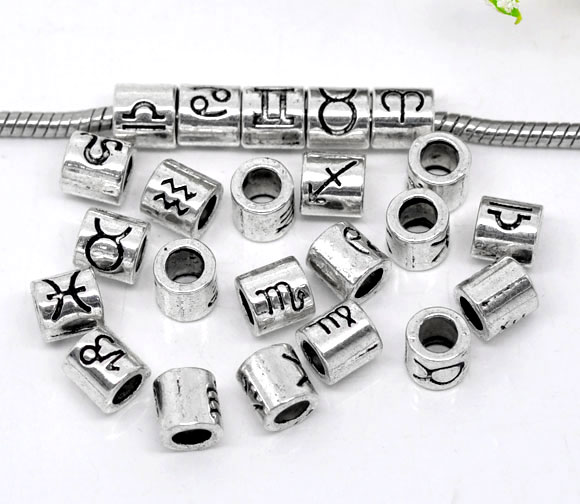 Picture of Zinc Metal Alloy European Style Large Hole Charm Beads Cylinder Antique Silver Zodiac Constellations Symbol Mixed Carved About 7.5mm x 7.5mm, Hole: Approx 4.5mm, 36 PCs