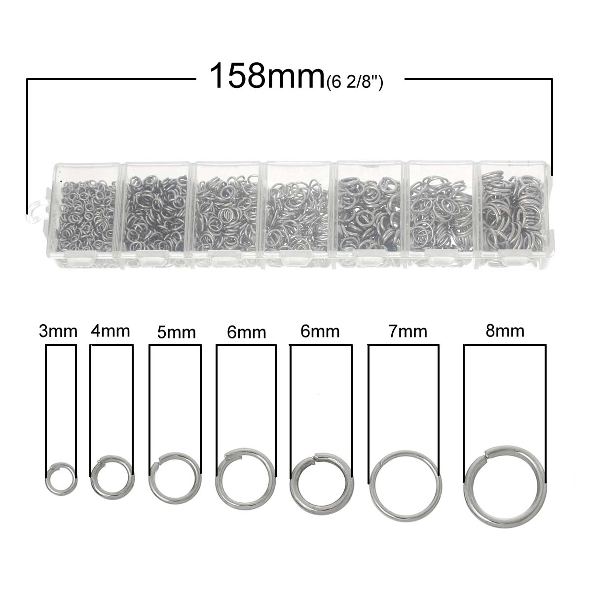 Picture of 1 Box Mixed Silver Tone Open Jump Rings 3mm-8mm,(1500 PCs Assorted)