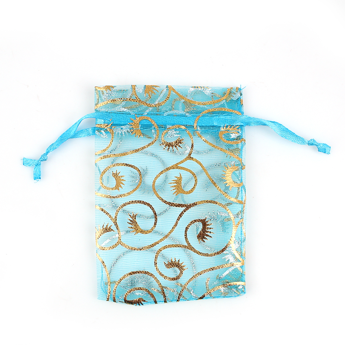 Picture of Wedding Gift Organza Jewelry Bags Drawstring Rectangle Skyblue Vine Pattern 9cm x7cm(3 4/8" x2 6/8"), 100 PCs