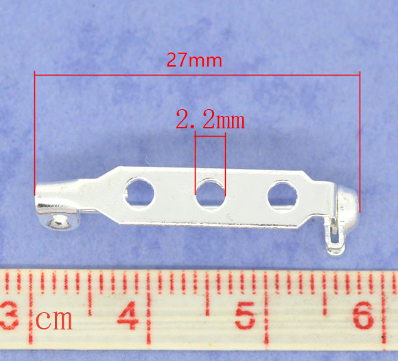 Picture of Iron Based Alloy Pin Brooches Findings Rectangle Silver Plated 27mm x 5mm, 100 PCs
