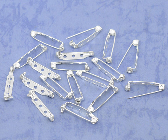 Picture of Iron Based Alloy Pin Brooches Findings Rectangle Silver Plated 27mm x 5mm, 100 PCs