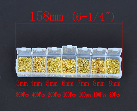 Picture of Alloy Open Jump Rings Mixed Gold Plated 9mm - 3mm, 1 Box(1780 PCs Assorted)