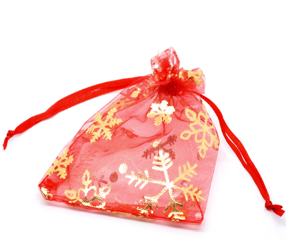 Picture of Wedding Gift Organza Jewelry Bags Drawstring Rectangle Red Christmas Snowflake Pattern 12cm x9cm(4 6/8" x3 4/8"), 100 PCs