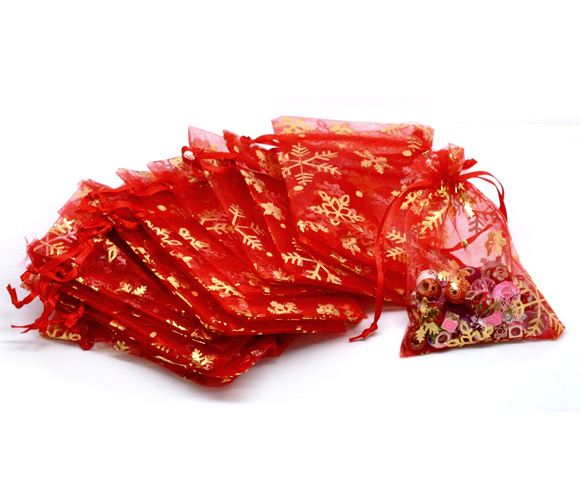 Picture of Wedding Gift Organza Jewelry Bags Drawstring Rectangle Red Christmas Snowflake Pattern 12cm x9cm(4 6/8" x3 4/8"), 100 PCs