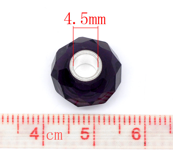 Picture of Crystal Glass European Style Large Hole Charm Beads Round Dark Purple Silver Plated Core Faceted 14mm x9mm( 4/8" x 3/8"), Hole: Approx 4.5mm, 10 PCs