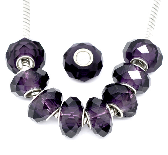Picture of Crystal Glass European Style Large Hole Charm Beads Round Dark Purple Silver Plated Core Faceted 14mm x9mm( 4/8" x 3/8"), Hole: Approx 4.5mm, 10 PCs