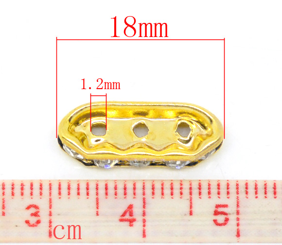 Picture of Copper & Rhinestone Spacer Beads Rectangle Gold Plated White Rhinestone Rhinestone About 18mm x 7mm, Hole: Approx 1.2mm, 30 PCs