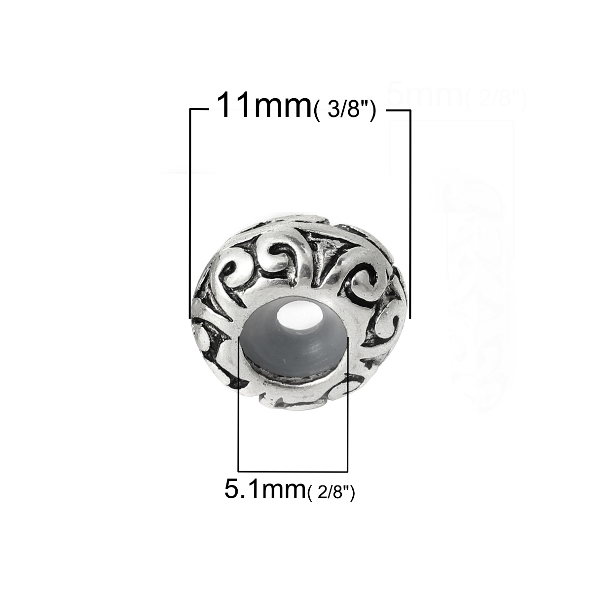 Picture of Zinc Metal Alloy European Style Large Hole Charm Beads Round Antique Silver Pattern With Rubber Stopper Core About 11mm Dia, Hole: Approx 5.1mm, 10 PCs