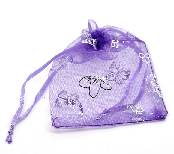Picture of Wedding Gift Organza Jewelry Bags Drawstring Rectangle Purple Butterfly Pattern 12cm x9cm(4 6/8" x3 4/8"), 100 PCs