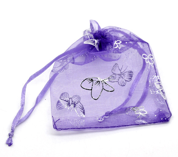 Picture of Wedding Gift Organza Jewelry Bags Drawstring Rectangle Dark Purple Butterfly Pattern 9cm x7cm(3 4/8" x2 6/8"), 100 PCs