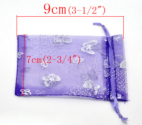 Picture of Wedding Gift Organza Jewelry Bags Drawstring Rectangle Dark Purple Butterfly Pattern 9cm x7cm(3 4/8" x2 6/8"), 100 PCs