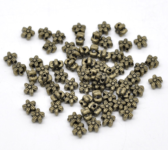 Picture of Zinc Based Alloy Spacer Beads Flower Antique Bronze Carved About 7mm x 7mm, Hole:Approx 1.5mm, 100 PCs