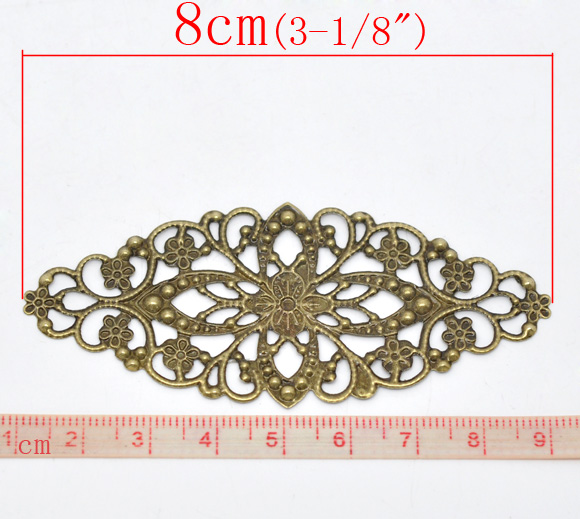 Picture of Filigree Stamping Embellishments Findings Oval Antique Bronze Flower Hollow Pattern 8cm(3 1/8") x 3.5cm(1 3/8"), 30 PCs