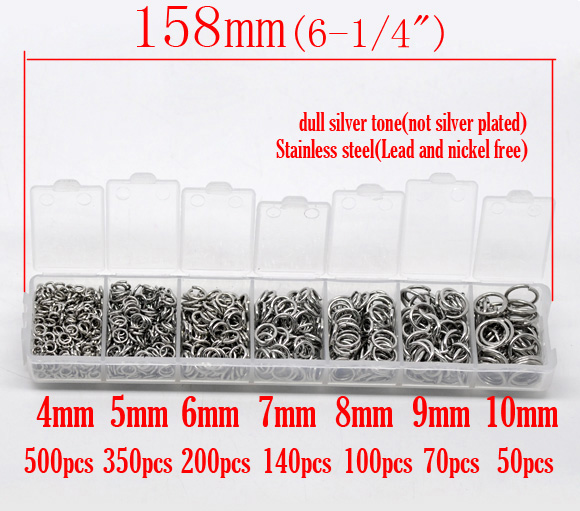 Picture of 304 Stainless Steel Open Jump Rings Round Mixed Silver Tone 4mm(2/8") Dia-10mm(3/8") Dia, 1 Box (1410 PCs Assorted)
