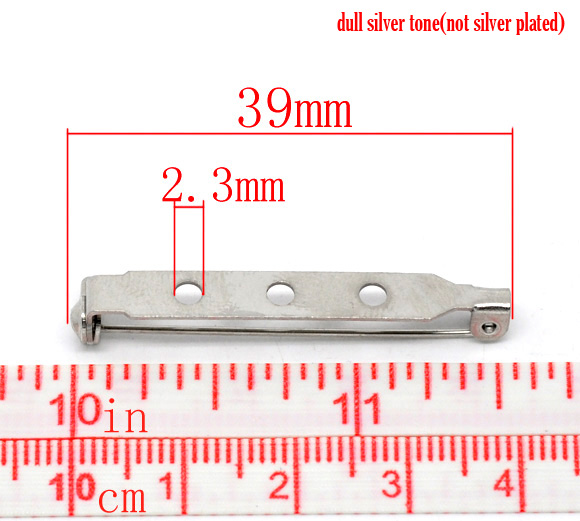 Picture of Iron Based Alloy Pin Brooches Back Bar Findings Silver Tone 39mm(1 4/8") x 5mm( 2/8"), 50 PCs