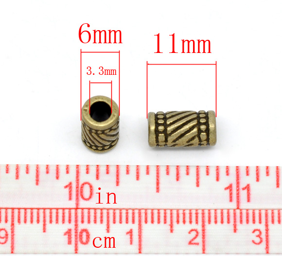 Picture of Zinc Based Alloy Spacer Beads Cylinder Antique Bronze Stripe Carved About 11mm x 6mm, Hole:Approx 3.3mm, 50 PCs