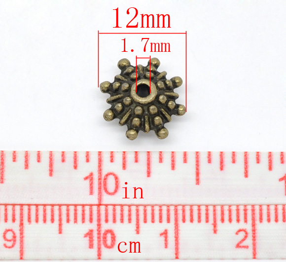 Picture of Zinc Based Alloy Spacer Beads Snowflake Antique Bronze About 12mm x 12mm, Hole:Approx 1.7mm, 50 PCs