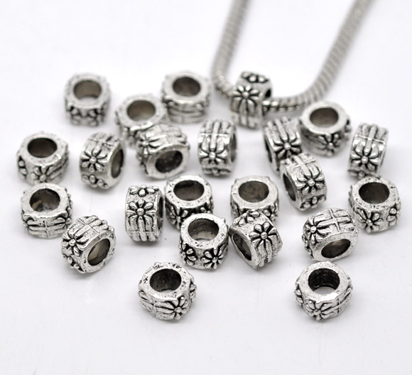 Picture of Zinc Metal Alloy European Style Large Hole Charm Beads Round Antique Silver Flower Pattern About 9mm x 8mm, Hole: Approx 5mm, 50 PCs