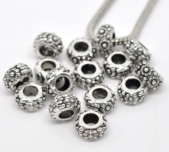 Picture of Zinc Metal Alloy European Style Large Hole Charm Beads Round Antique Silver Flower Pattern About 11mm Dia, Hole: Approx 5.3mm, 30 PCs