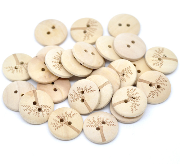 Picture of Natural Wood Sewing Buttons Scrapbooking 2 Holes Round Tree Pattern 20mm( 6/8") Dia, 50 PCs